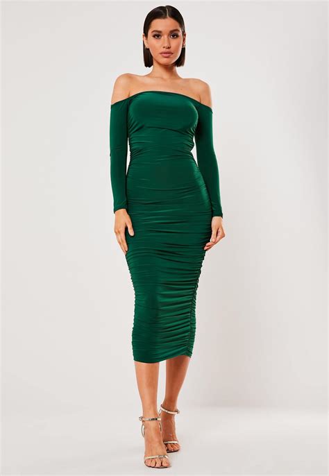 Tall Dark Green Bardot Slinky Ruched Bodycon Midaxi Dress Missguided
