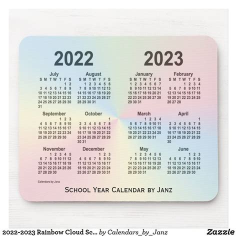 2022 2023 Rainbow Cloud School Calendar By Janz Mouse Pad Zazzle