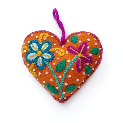 Colorful Heart Ornament Embroidered Wool Orange Heart Christmas