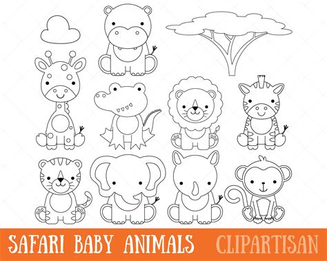 Safari Baby Animals Clipart Digital Stamps Coloring Page