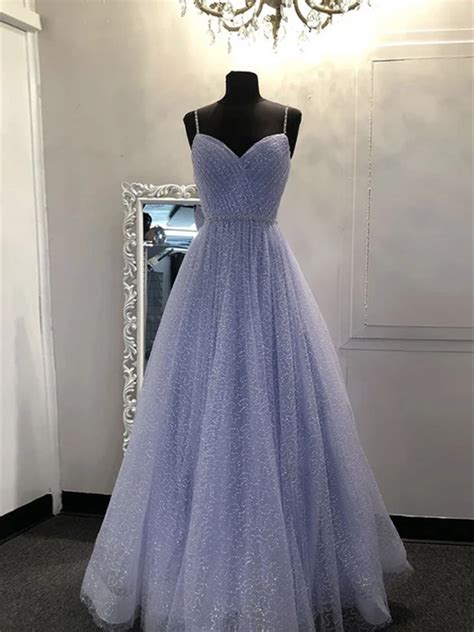 A Line Lilac Sequin Tulle Long Prom Dresses Purple 2020 Prom Dresses