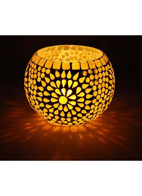 Lalhaveli Round Glass Diya Candle Holder And Mosaic Vase 5 Inches Lal