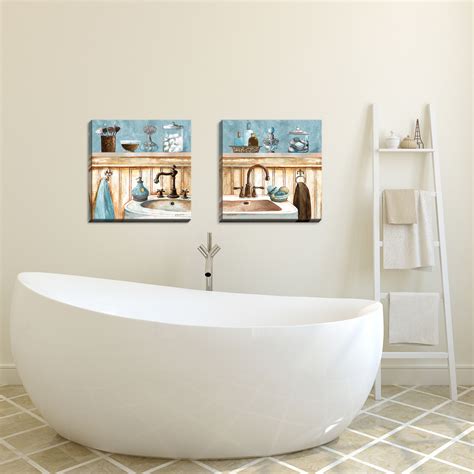 Gango Home Decor Classic Bathroom Wall Art; Two Blue 16x16in Hand ...
