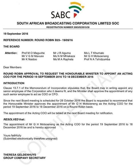 An appointment letter is usually an official letter written either by the immediate superior or by the hierarchical superior to an individual who has been the letter of appointment comes into play after a series of hiring procedures have been followed by the organization to eliminate most applicants for. Push for Motsoeneng to stay: SABC Board