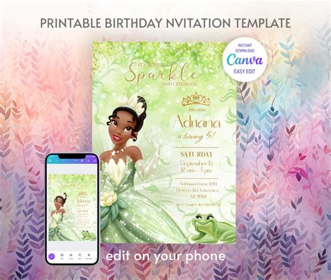 Princess Tiana Birthday Invitation Girl Editable Invite Template