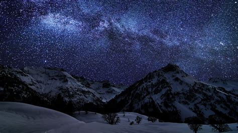 Snow Covered Mountain Mountains Stars Nature Space Hd Wallpaper