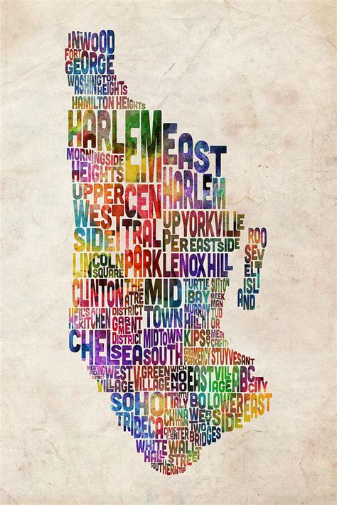 Manhattan New York Typographic Map Digital Art By Michael Tompsett