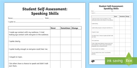 Student Self Assessment Speaking Skills Worksheet Worksheet