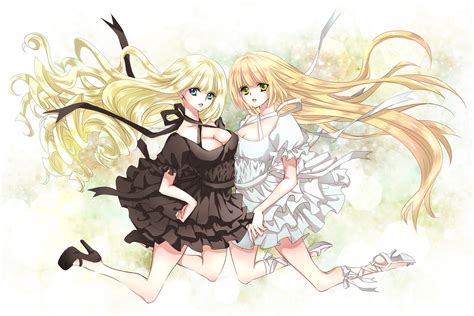 2girls Blonde Hair Blue Eyes Breasts Cleavage Dress Green Eyes Long Hair Mizuiro Tomato Original