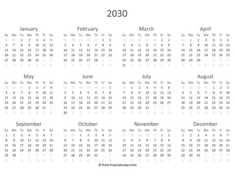 Free Printable Calendar 2030