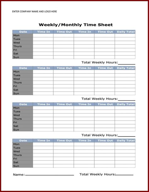 Download Weekly Timesheet Template Excel Pdf Rtf Free 18 Sample