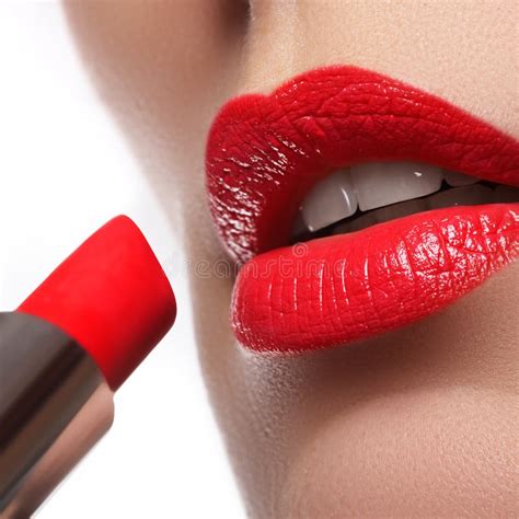 Woman Applying Lipstick Model Painted Red Lips Stock Image Image Of