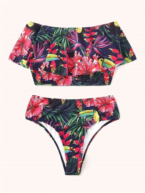 Tropical Flounce Top With High Waist Bikini Bottom Bikini Set High Waist High Waisted Bikini