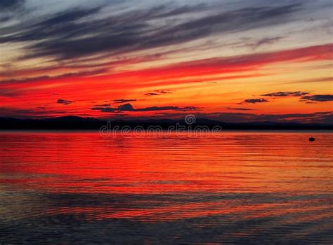 Red Sunset Sky Over The Lake Dramatic Lighting Stock Photo Image Of