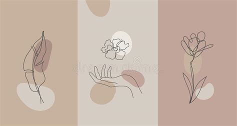 Vector Minimalist Style Plants Hand Line Flower Nude Colors Hand Drawn Abstract Print Stock