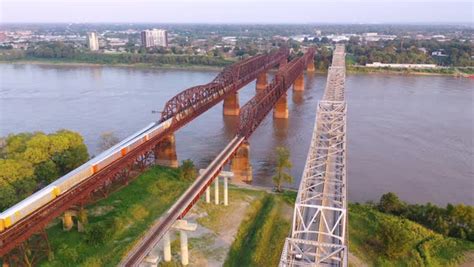 Aerial Of Landmark Three Steel Bridges Over The Mississippi River With
