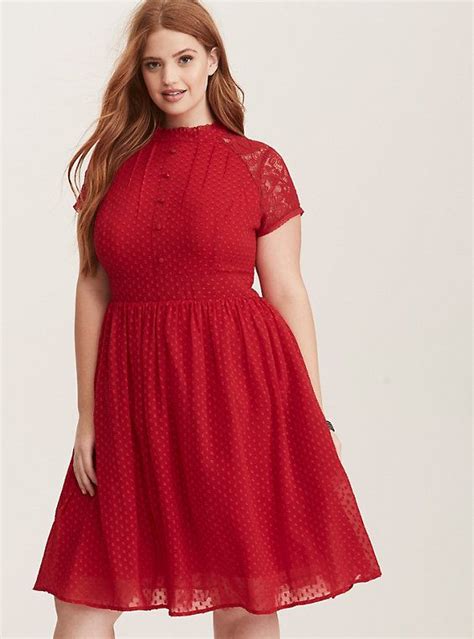 Red Textured Dot Chiffon Lace Button Front Swing Dress JESTER RED