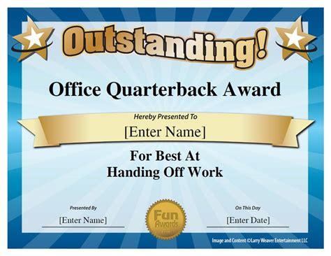 Office Quarterback Award Certificate Of Recognition Template