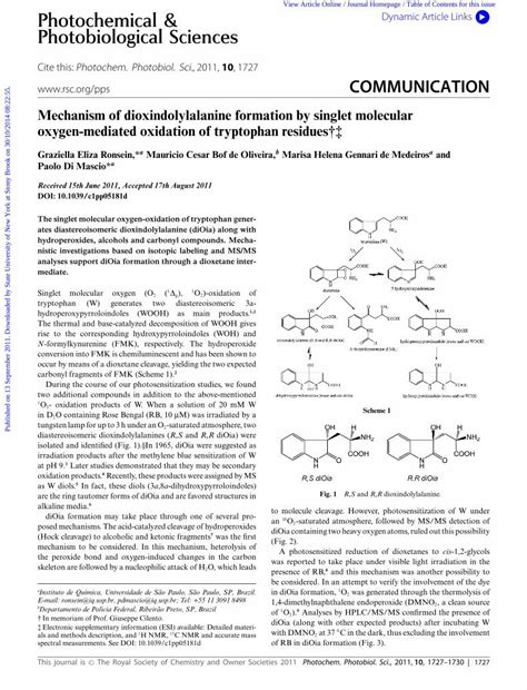 Pdf Mechanism Of Dioxindolylalanine Formation By Singlet Molecular Oxygen Mediated Oxidation