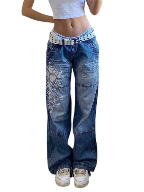 Women Y2k Baggy Jeans High Waist Wide Straight Leg Distressed Vintage Cargo Denim Pants