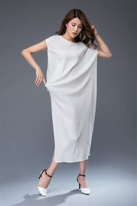 Loose Fitting Dress White Linen Sleeveless Long Cool Summer Robes