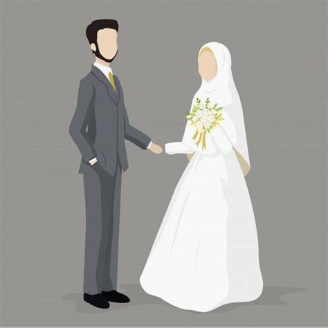 Muslim Wedding Couple Bride And Groom Premium Vector Gambar