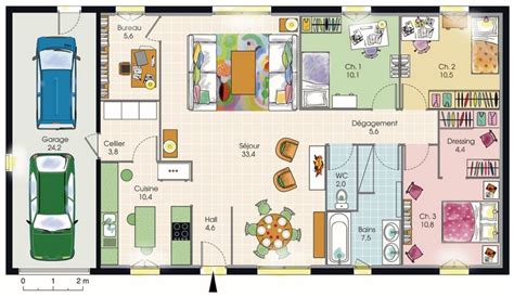 Modèle De Plan De Maison Plain Pied Avec 3 Chambres Et Garage 2
