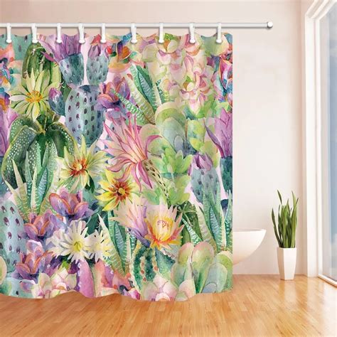 Watercolor Blooming Cactus Flowers Shower Curtain Mildew Resistant