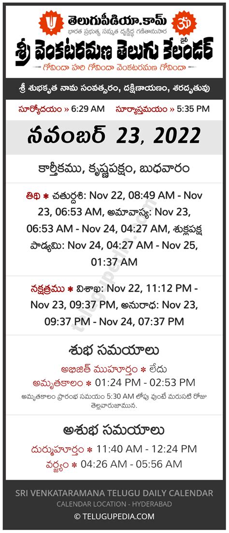 November 23 2022 Venkataramana Telugu Calendar Tithi Nakshatram