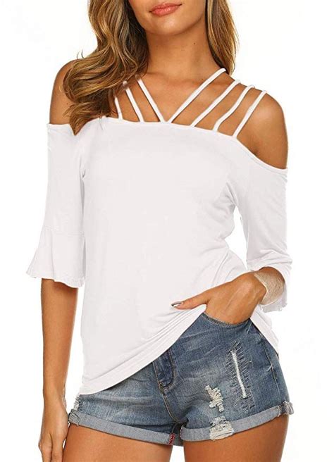 Newchoice Womens Casual Off The Shoulder Tops Straps Ruffle Sleeve