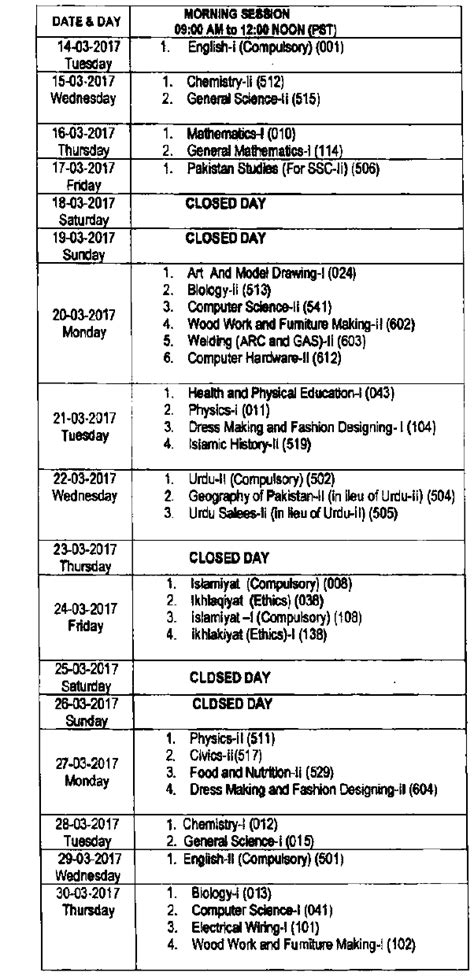 Education For All Fbise Federal Board Matric 10th Class Date Sheet 2017