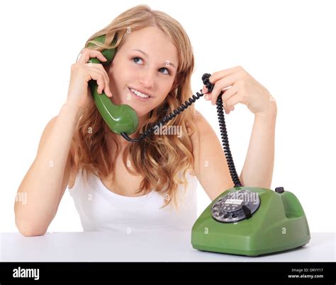 Attractive Girl With Retro Rotary Phone All On White Background Stock