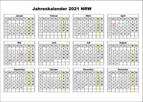 Kalender kostenlos zum ausdrucken & als download. Druckbare Leer Jahreskalender 2021 NRW Kalender Zum ...