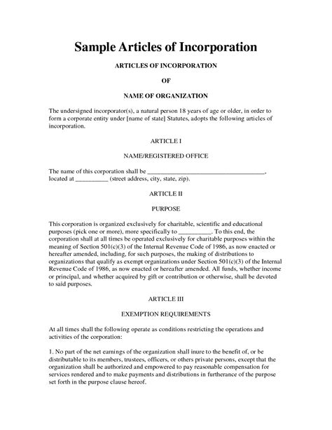 Sample Articles Of Incorporation Company Documents For Articles Of