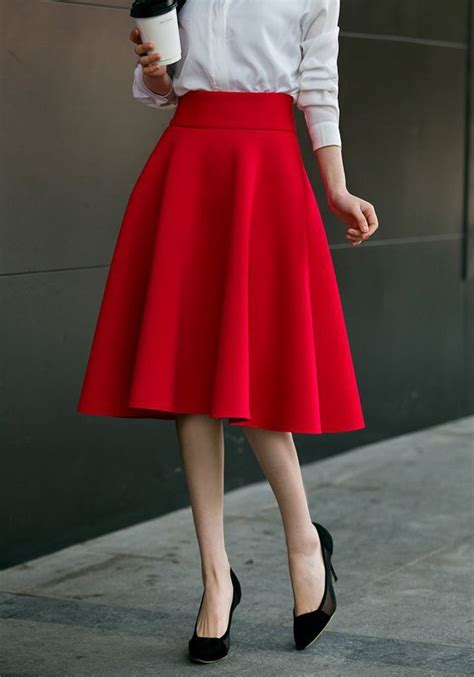 Red Zipper Draped High Waisted A Line Vintage Flared Skirt Skirts