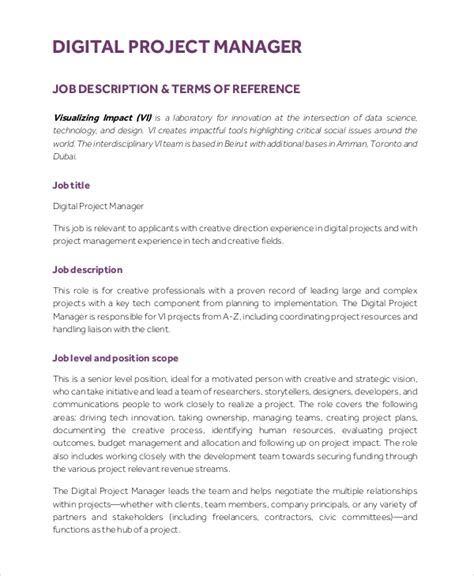 Free 9 Sample Project Manager Job Description Templates In Pdf Ms Word