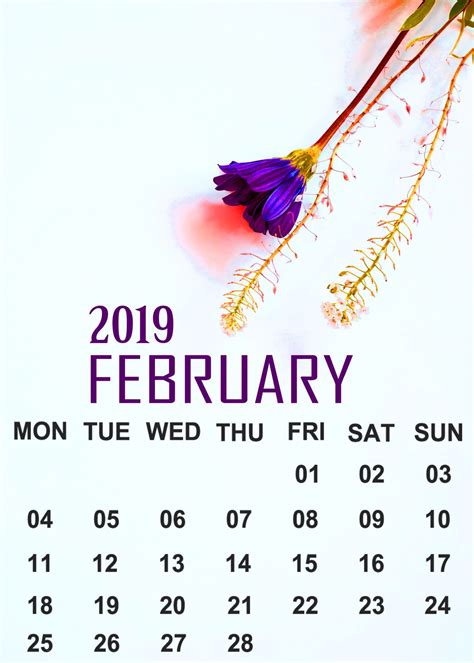 Floral Designer 2019 February Calendar Free Printable Download