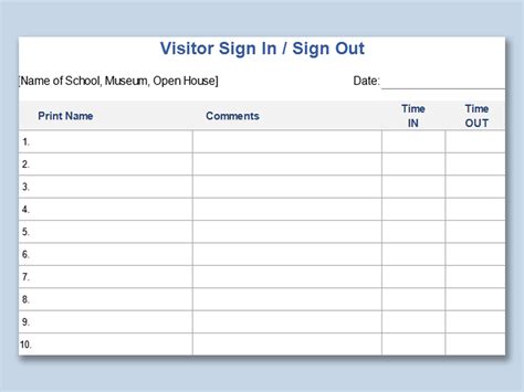Visitor Sign In Sheet Excel