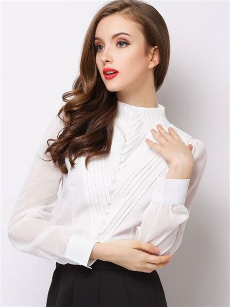 Contrast Solid Color High Neck Long Sleeves Womens Blouses With Free
