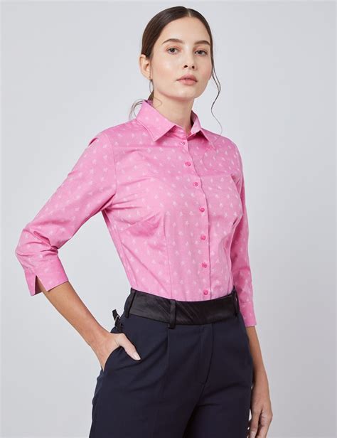 Womens Pink Dobby Fitted 3 Quarter Sleeve Shirt Hawes And Curtis
