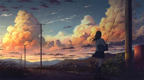 Download 1366x768 Anime Landscape Anime Girl Clouds