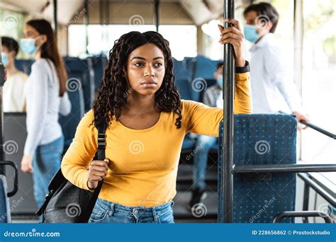 Beautiful Focused Black Woman Standing In Bus Stock Photo Image Of