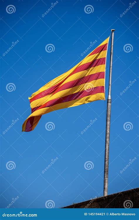 Senyera Flag Of Catalonia Waving In The Wind Stock Image Image Of