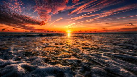 Sunset Colorful Sky With Red Clouds Sea Waves Horizon Twilight