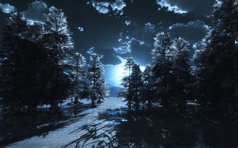 Blue Moon Forest Blue Clouds Cold Forest Moon Night Pine Trees
