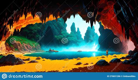 Light In Dark Cave With Stalactite Landscape Adventure Dungeon Den