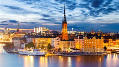 Stockholm Bei Nacht Häuser Gebäude Lichter Fluss Stadt Schweden