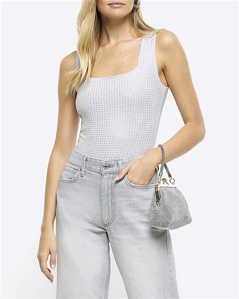 Silver Diamante Bodysuit River Island