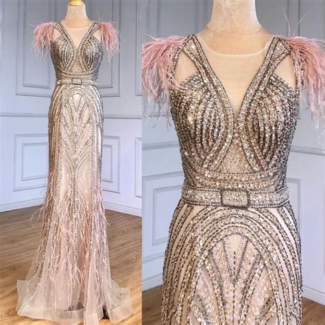 Heavily Beaded Nude Feathered Evening Dress Evening Dresses Made To Order Designer Collection