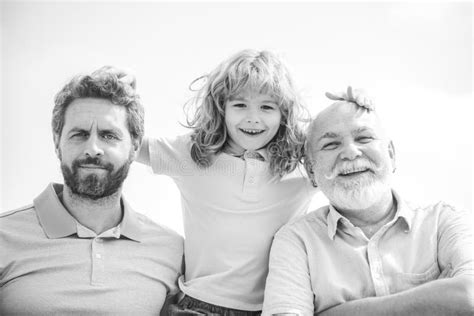 Men Generation Portrait Of Grandfather Father And Funny Son Child